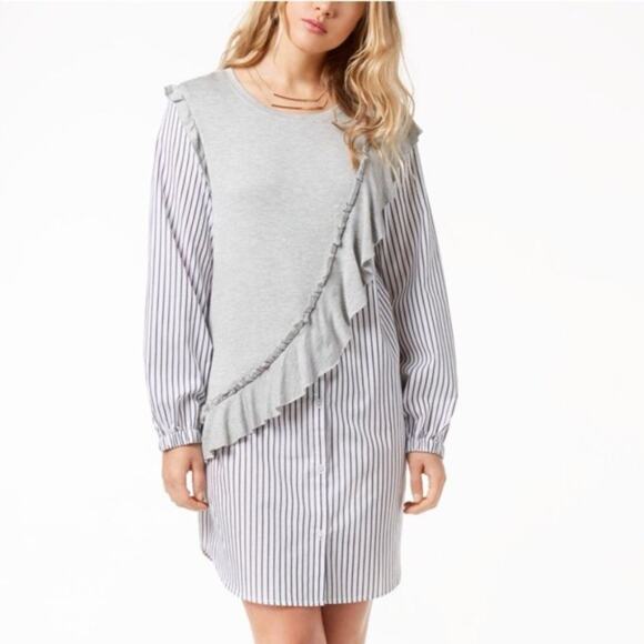 Kensie Knit Ruffle Striped Shirt dress Gray XL - Picture 1 of 3